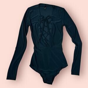 Black Lace Up Long Sleeve Bodysuit GoJane Small Tight Fitting Going Out Club